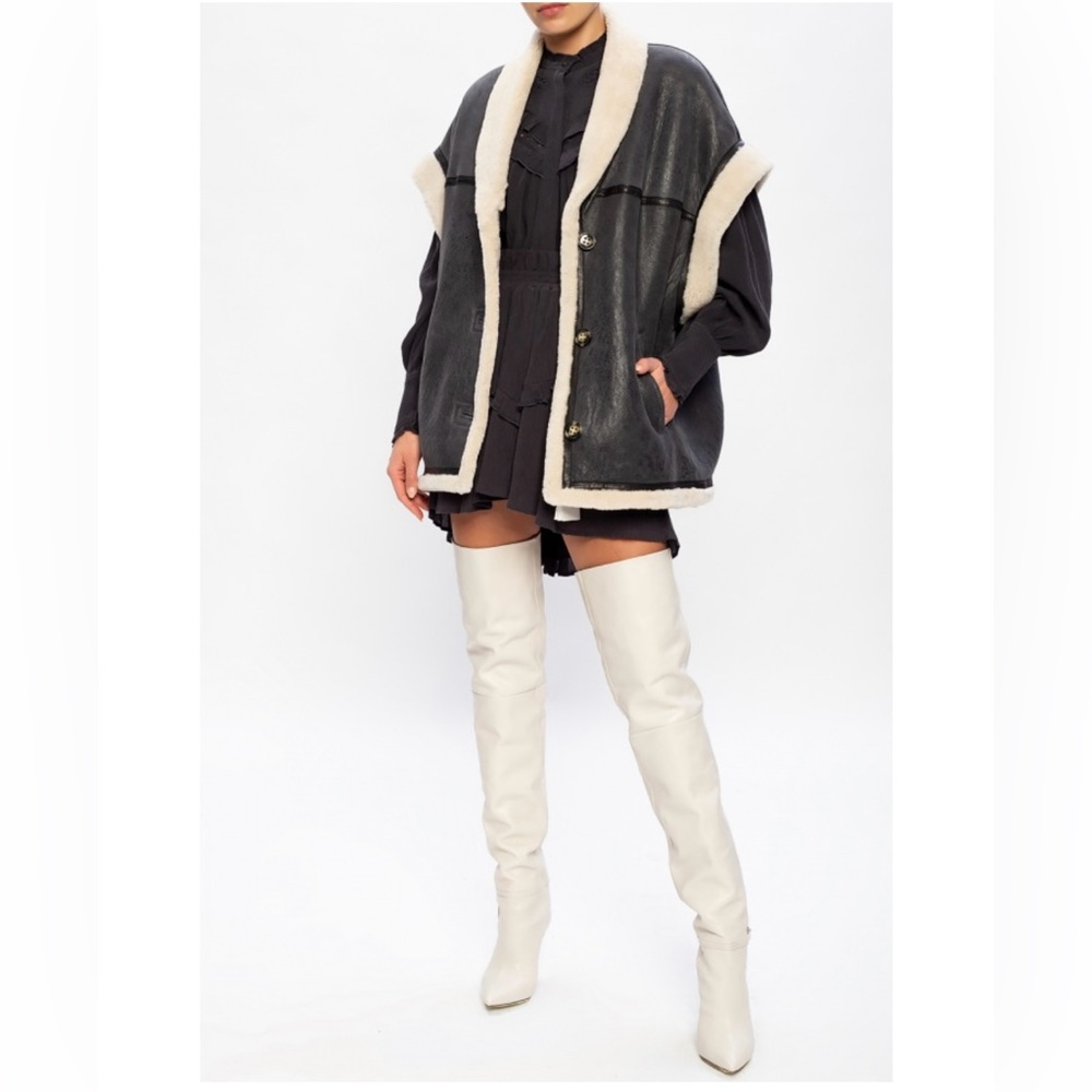 $2490 Isabel Marant Etoile Adelia Gray Leather Shearling Trim Vest Coat Jacket